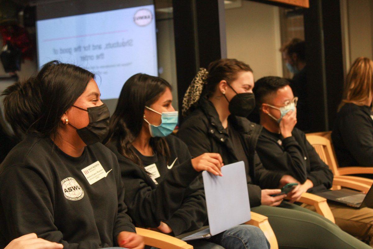 The ASWU sentaors laugh at a joke made by Chris Clay at the ASWU event at Whitworth University, on Wednesday, Fed. 23, 2022 | Hannah Loesch/the Whitworthian