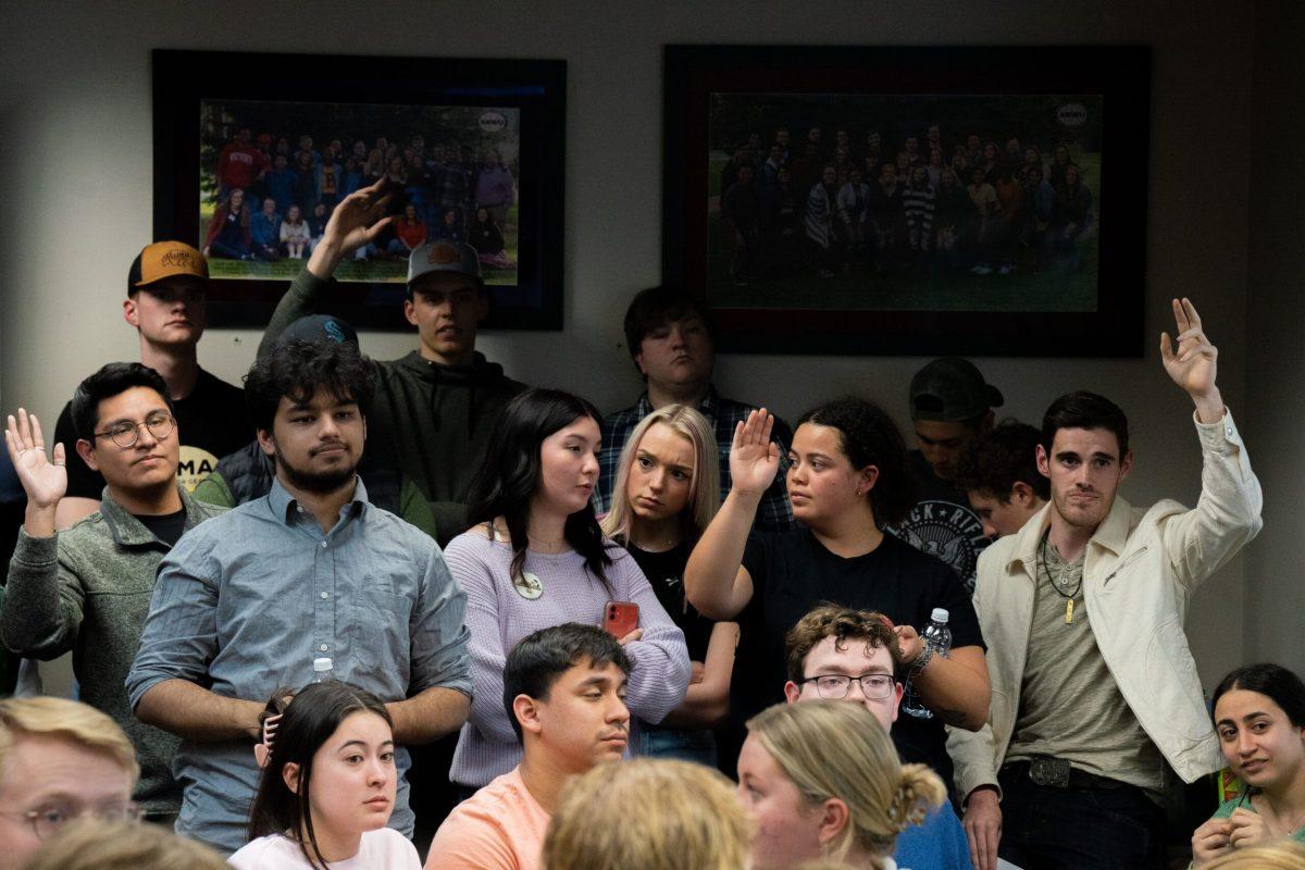 Students pack themselves into the ASWU Meeting space in the HUB to give their thoughts on ASWUs recent vote to ban Speaker Xi Van Fleet from campus. at Whitworth University Spokane Wash. Wed. Apr. 19 2023 | Photo by Juan Rodriguez/ The Whitworthian.