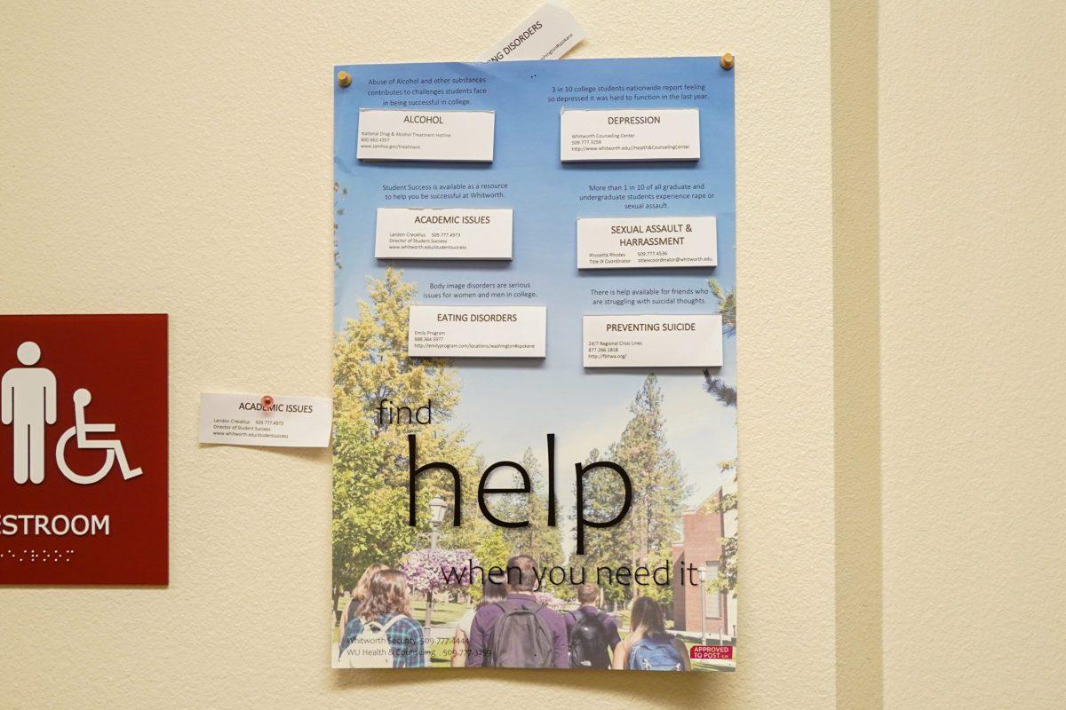 Health resources poster in Boppell Hall, Friday, Mar. 24, 2023,  in Spokane, Wash. | Caleb Flegel/The Whitworthian
