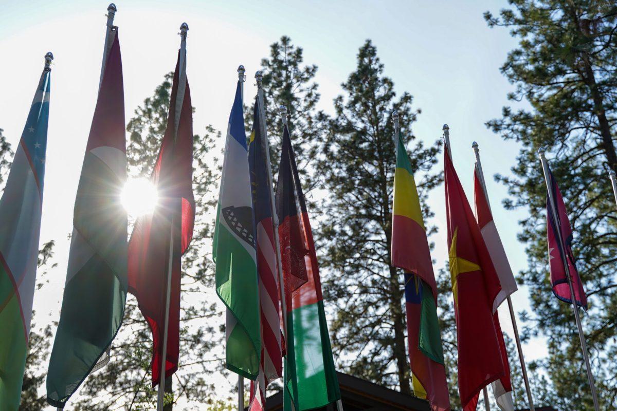 Flags outside Hendrick Hall, Whitworth University, Monday, May. 1, 2023, in Spokane, Wash. | Caleb Flegel/The Whitworthian