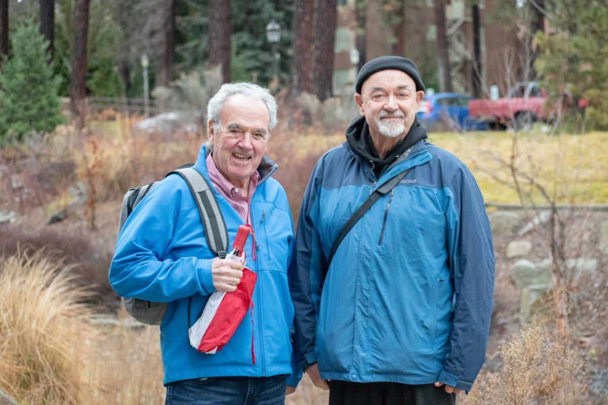 Rick Thomas (left) and Tim Williams (right) pose for a photo outside of Robinson Science Center at Whitworth University, Thursday, Dec. 8, 2023, in Spokane, Wash |The Whitworthian/Madison Stoeckler