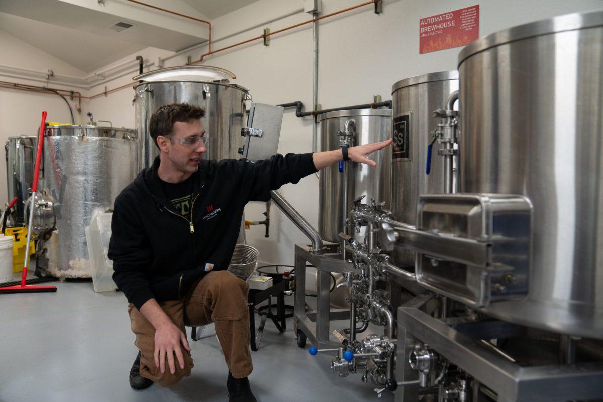 Student Kyle Bichich discusses brewing process at a Thursday evening class in the brewing building Friday, Feb. 22 2024 at Whitworth University, Spokane Wash. Photo by Ben Gallaway/ The Whitworthian