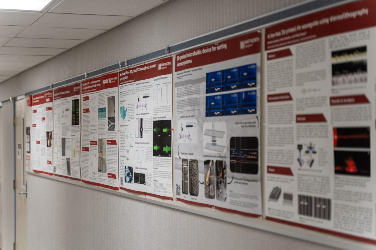 Research posters in Eric Johnston Science Center, Friday, May. 17, 2024, at Whitworth University in Spokane, Wash. | Caleb Flegel/The Whitworthian