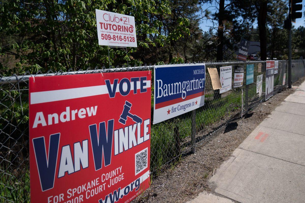Political campaign signs appear along Waikiki Road just outside of the Whitworth Campus in preperation for the upcoming elections. Wed May. 1, Spokane Wash. | Ben Gallaway/ The Whitworthian