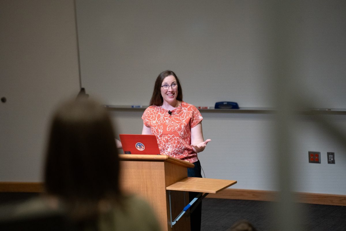 Whitworth alum Dr. Miranda Zapor Cruz gives a lecture on faith-filled political engagement in Robinson Teaching Theater at Whitworth University, Monday, Sept. 23, 2024, in Spokane, Wash. | The Whitworthian/Madison Stoeckler