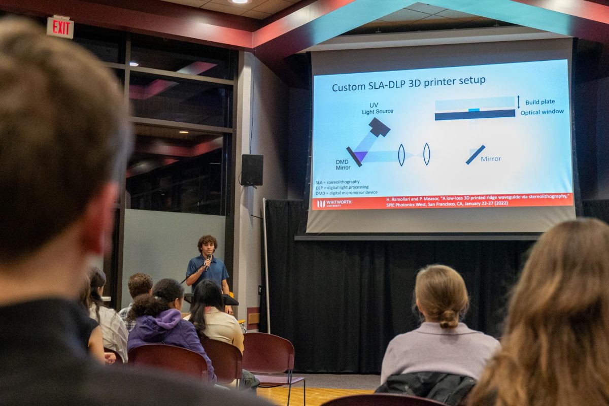 Alex Peter gives a research presentation at the Whitworth Summer STEM Research Conference, Friday, Oct. 21, 2024, in Spokane, Wash. | The Whitworthian/Caleb Flegel