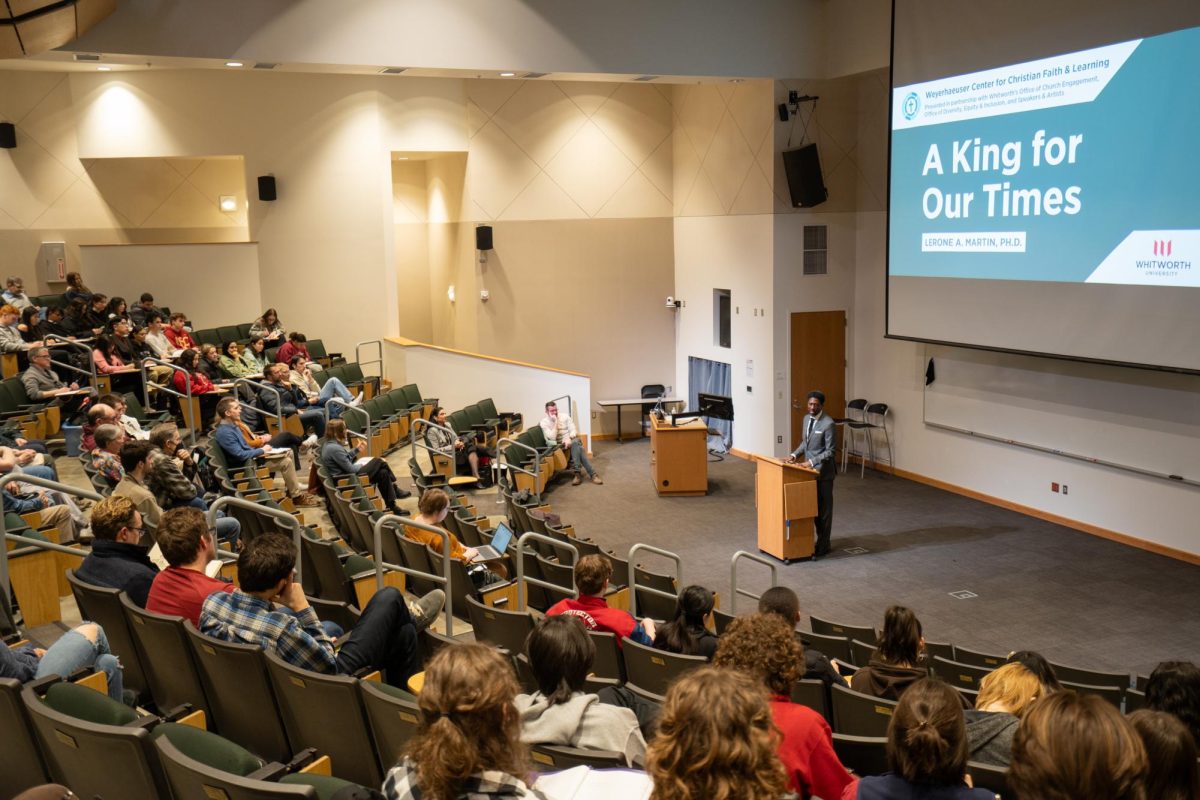 Author and Historian Lerone A. Martin giving a speech at Whitworth University in Spokane, Wash. | Wednesday, Feb. 26, 2025. | Photo by The Whitworthian/Nandia Tungalag