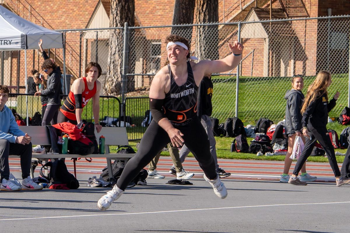 Cody Wheeler is carried by the momentum of his javelin throw, Friday, April 11, 2025, at the Whitworth Track in Spokane, Wash. | Photo by Caleb Flegel, courtesy of Whitworth Athletics 