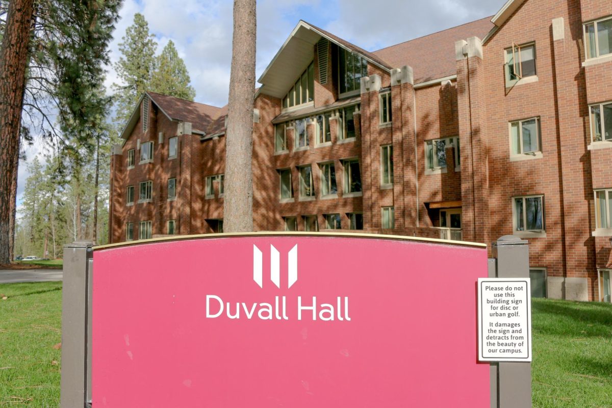 The Duvall Hall sign stands with Duvall Hall in the background at Whitworth University, Monday, April 7, 2025, in Spokane, Wash. | Jasmine Olson/The Whitworthian