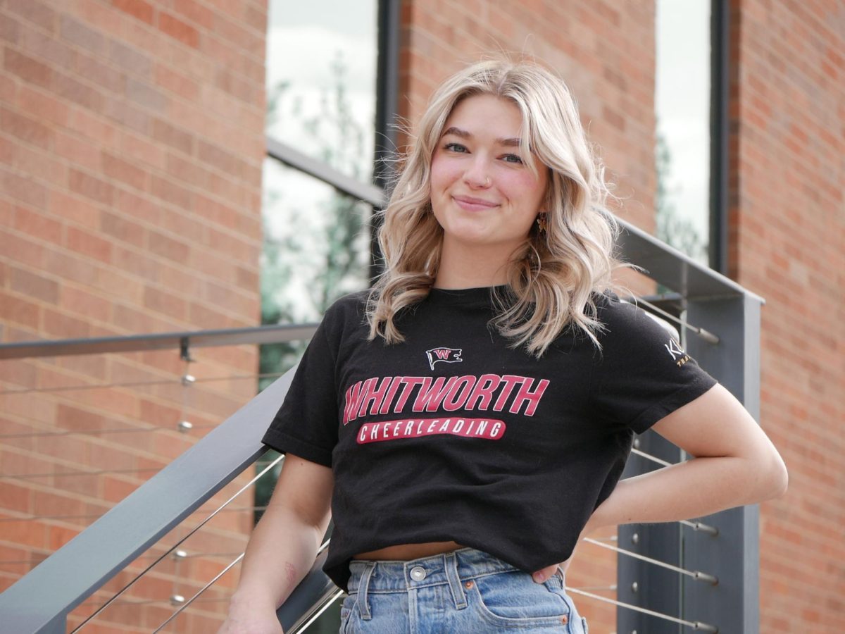Senior Whitworth Cheerleader Madison Conley poses for a picture outside of the WALT building at Whitworth University, Monday, April 28, 2025, in Spokane, Wash. | Stella Fergin/The Whitworthian