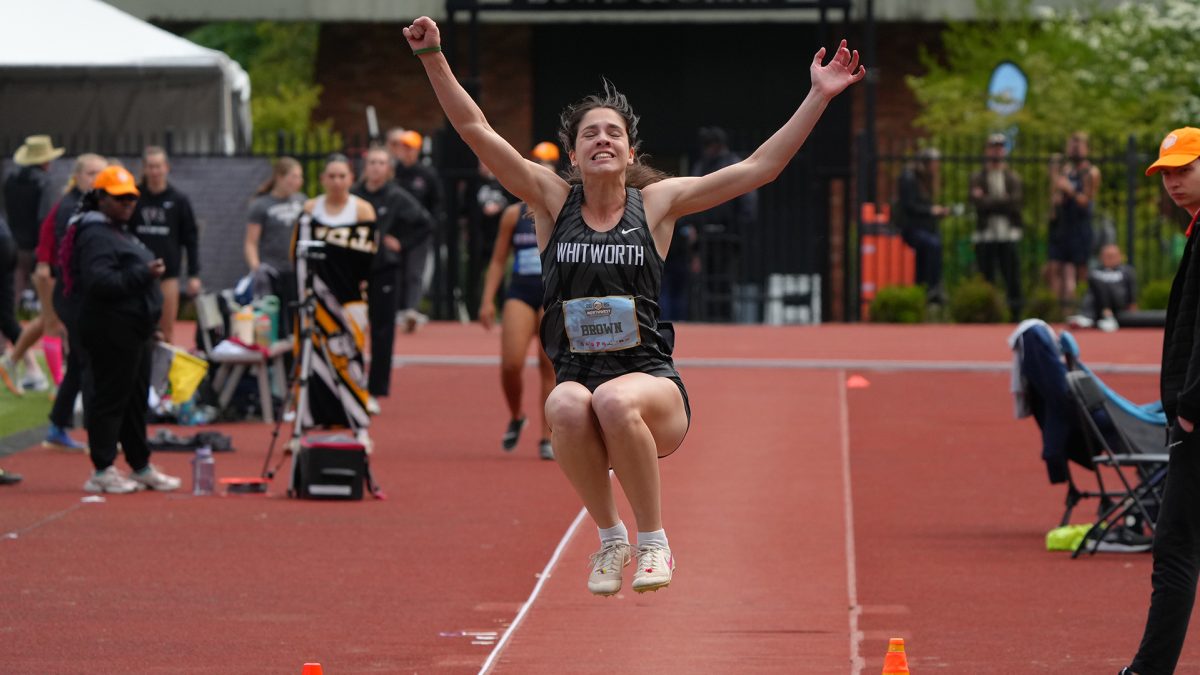 Emily Brown flies through the air while competing in the long jump event of the Heptathlon, Saturday, April 26, 2025, at the Northwest Conference Track and Field Championships in Portland, Ore. | Photo by Steven Gibbons, courtesy of Whitworth Athletics