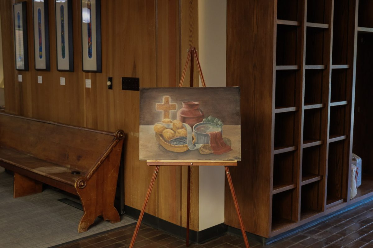 Byeongchan Jeong's art is shown inside the chapel at Whitworth University on Wednesday, Apr. 29, 2025, in Spokane, Washington. | The Whitworthian/Riley Brubaker