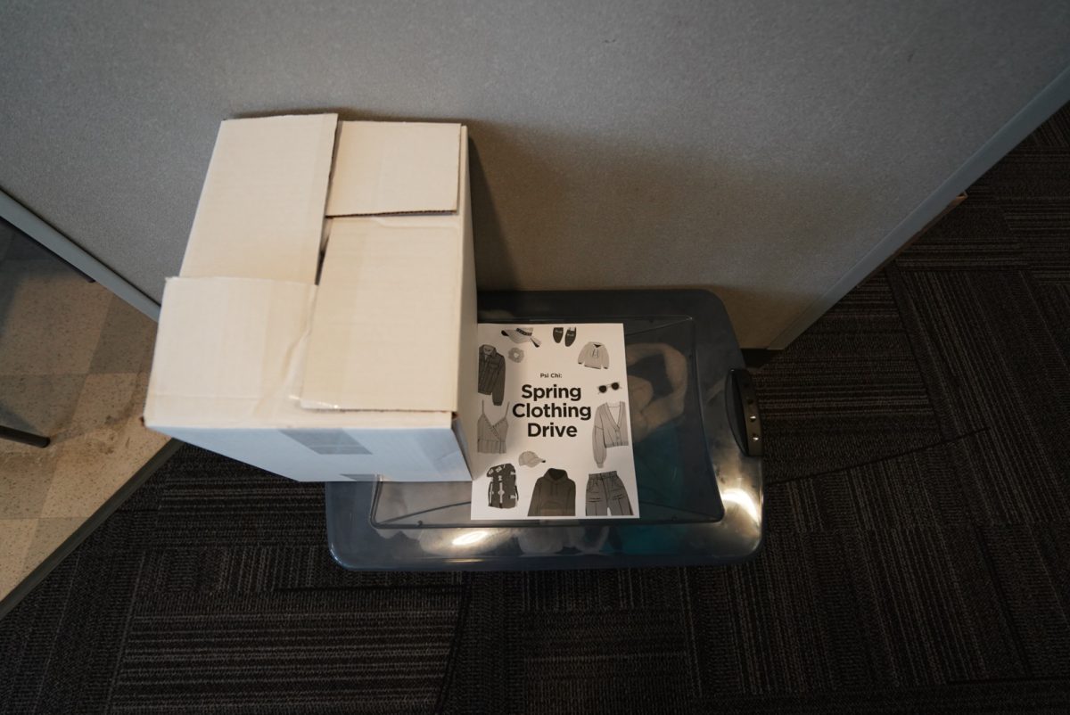 Psi Chi’s Spring Clothing Drive box in the Dixon student lounge at Whitworth University, Friday, Apr. 10, 2026, in Spokane, Wash. | The Whitworthian/Jacinda Ching